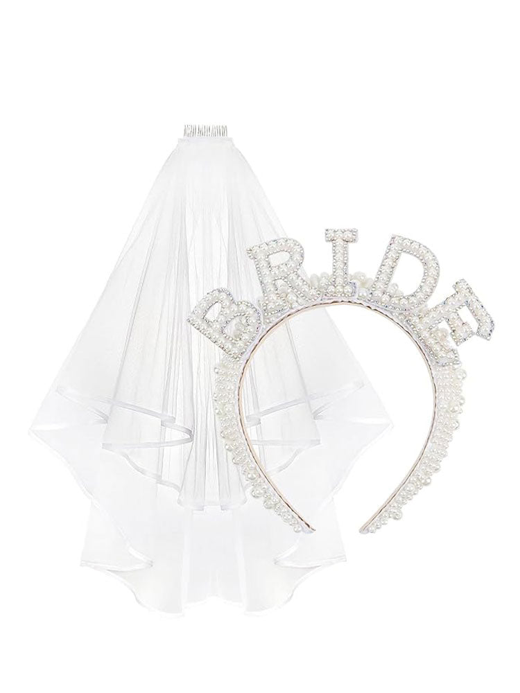 BRIDE PEARL HEADBAND WITH VEIL - WHITE
