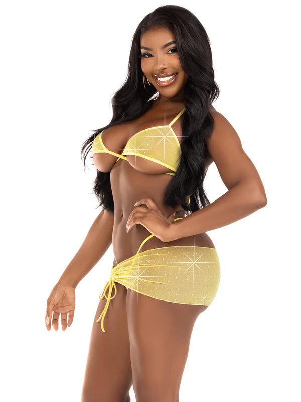 3 pc rhinestone wrap around bra top,panty,and sarong yellow