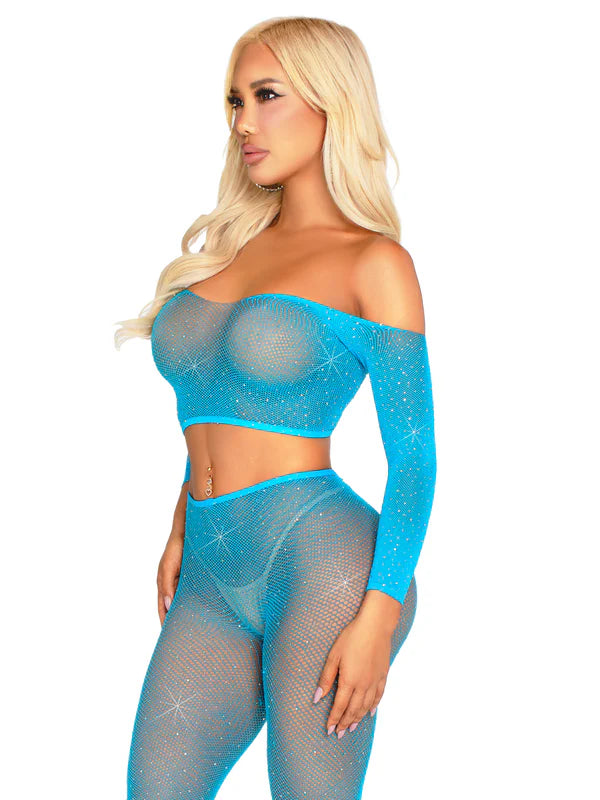 Rhinestone fishnet crop top and footless tights neon blue
