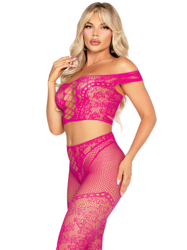 2 pc net and lace off -the- shoulder crop top and footless tights magenta