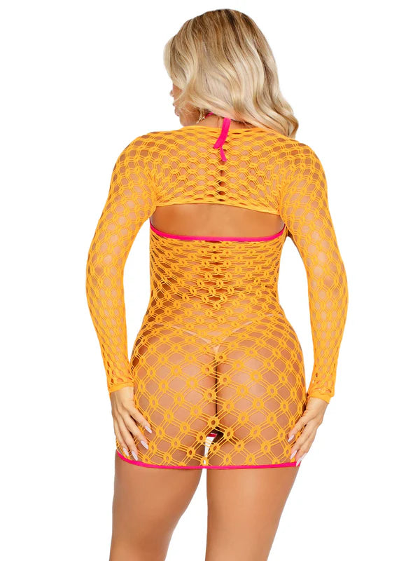 2 pc eyelet net mini dress with tie- front keyhole and shrug