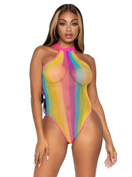 Rainbow Striped Halter Bodysuit With Snap Crotch -Multicolor