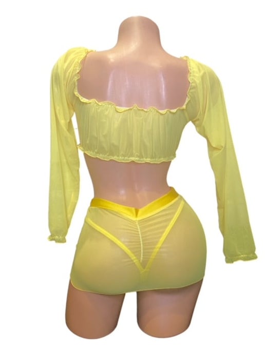 Makayla Yellow Mesh Skirt Set