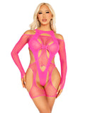 2 pc fishnet garter harness and opaque cut-out teddy neon pink