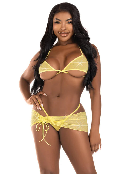 3 pc rhinestone wrap around bra top,panty,and sarong yellow