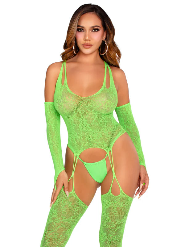 2 pc lace footless cami garter with attached toe loop stockings and arm warmers