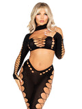 2 pc asymmetrical cut-out crop top and footless tights