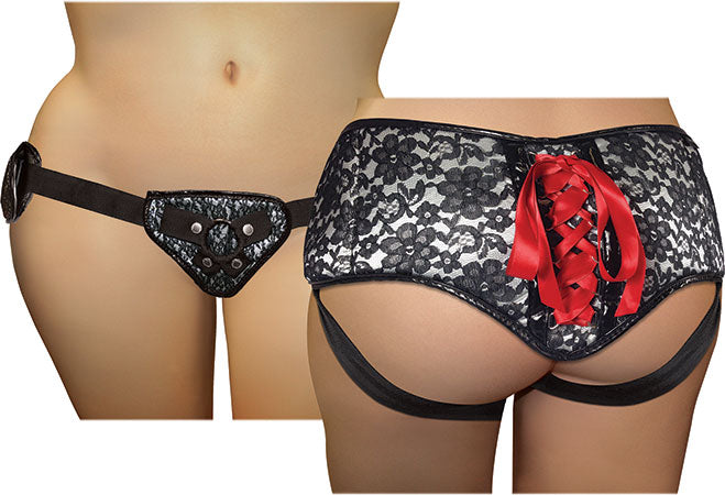 PLUS SIZE LACE CORSETTE STRAP ON - BLACK/GREY