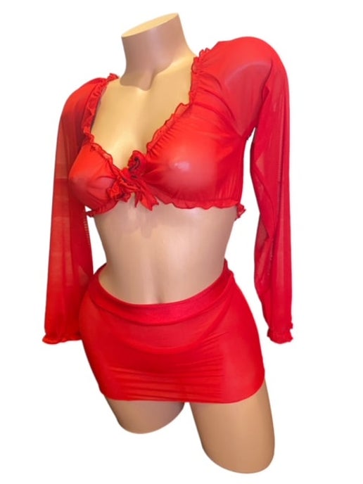 Makayla Red Mesh Skirt Set